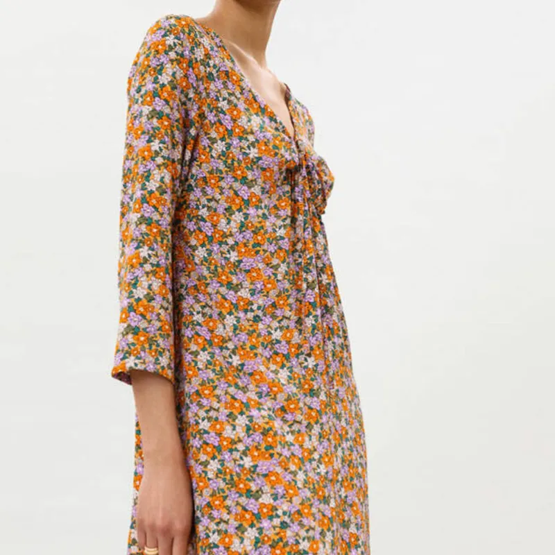 Vestido Manga Larga Estampado Flores Corto