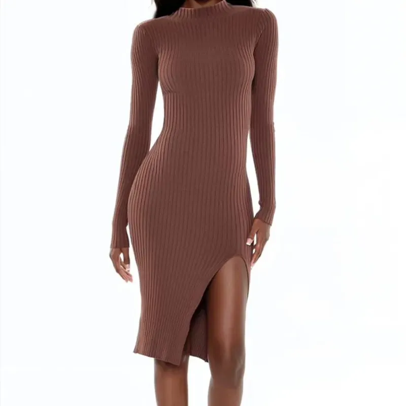 Vestido Marrón Claro Cuello Largo Manga Larga