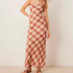 Vestido midi estampado con escote palabra de honor de tejido de doble capa