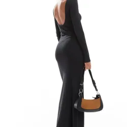 Vestido Negro Largo Espalda Afuera Manga Larga