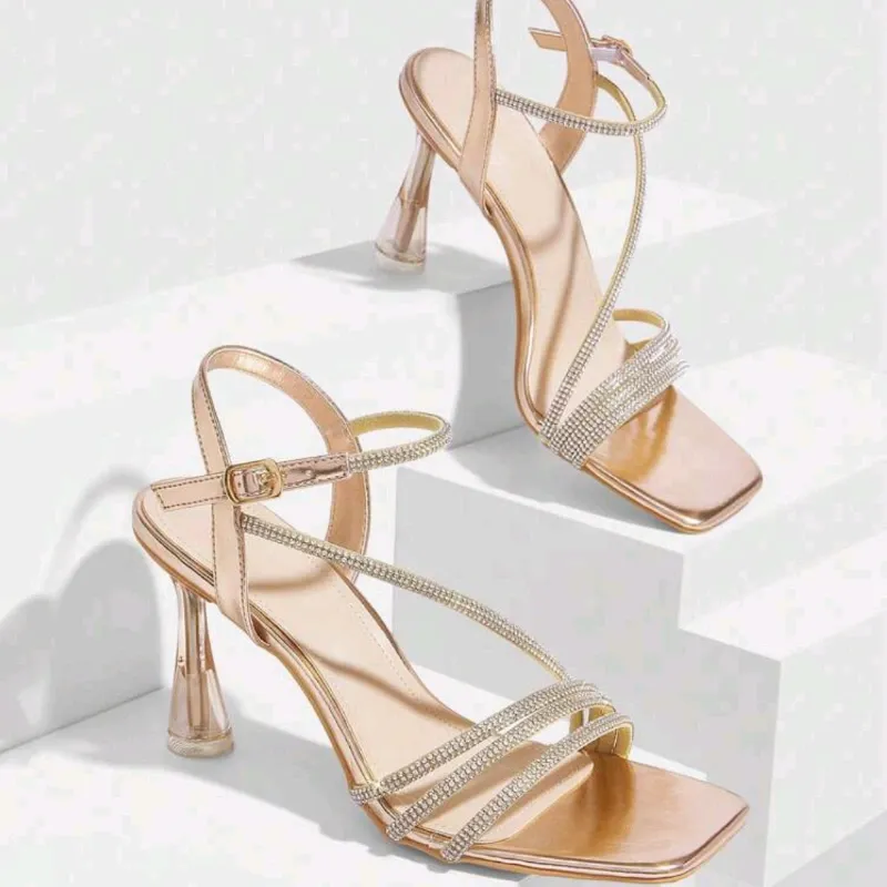 CUCCOO SZL Sandalias de vestir con tacón transparente, tira de tobillo con cadena de cristal y color champán para mujer