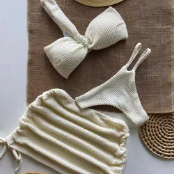 Bikini + pareo color ecru