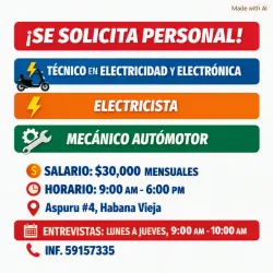 Plazas de Electricidad, Electrónica y Mecánica Automotor – $30,000 mensuales - Habana (Kinetica)