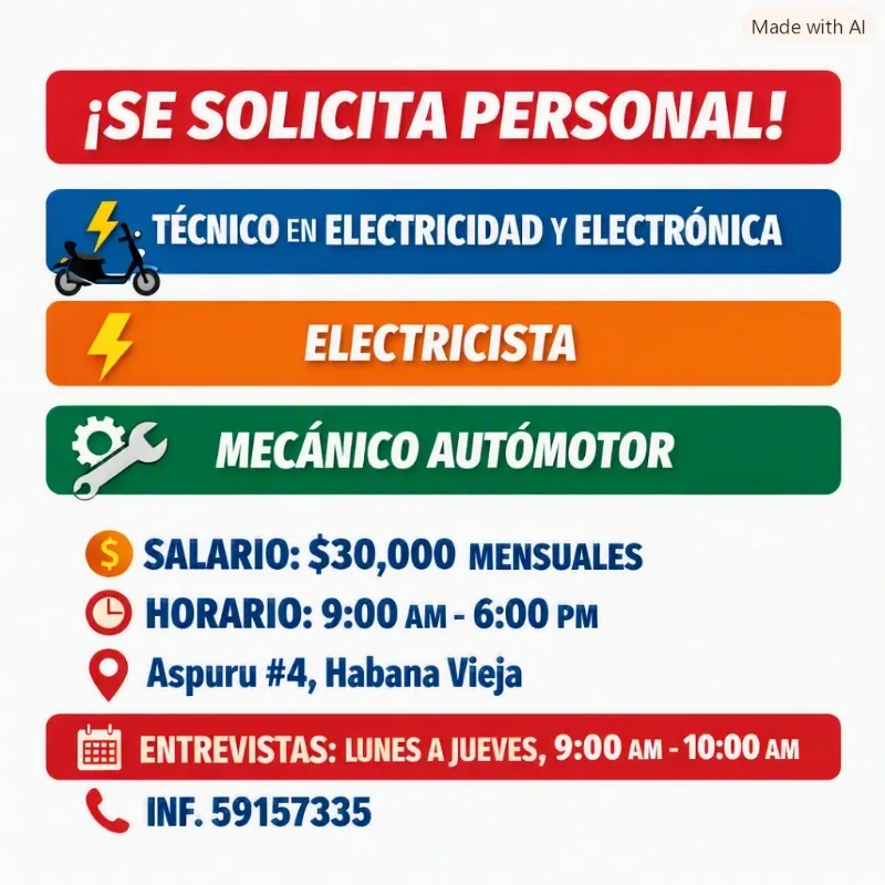 Plazas de Electricidad, Electrónica y Mecánica Automotor – $30,000 mensuales - Habana (Kinetica)