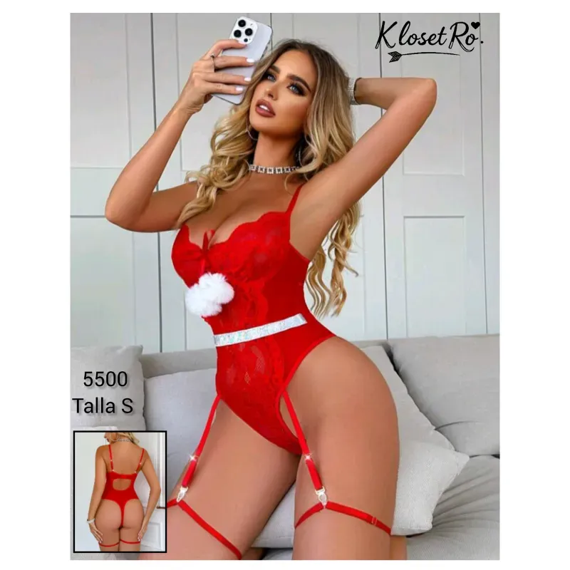 Body de encaje con aros y ligueros, rojo tomate 