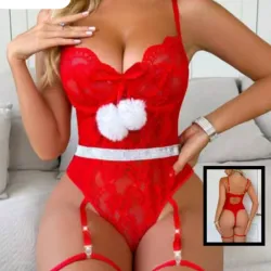 Body de encaje con aros y ligueros, rojo tomate 