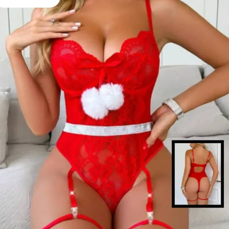 Body de encaje con aros y ligueros, rojo tomate 