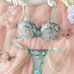 Conjunto de lencería de encaje con aros y tanga con citas ajustable 