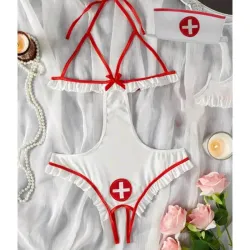 Lencería tipo body con amarre al cuello y entrepierna abierta, incluye diadema de temática enfermera 