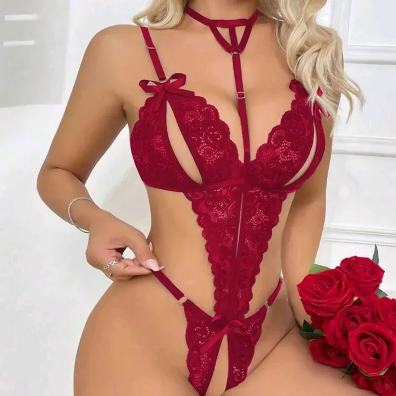 Lencería tipo body con entré abierta y amarre al cuello