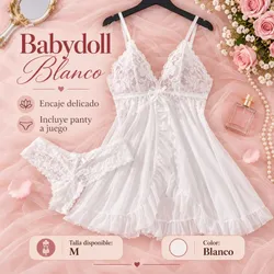 Encaje delicado y toque romántico – Babydoll blanco con panty a juego, talla M