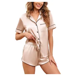 Pijama satinado de camisa y short – Dorado