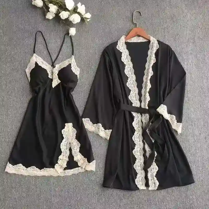 🖤 Set de Lencería Satinada 2 Piezas – Encaje Clásico 🖤