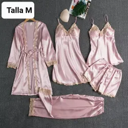 Set de pijama satín 5 piezas Rosado
