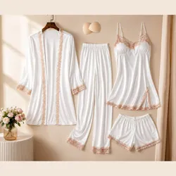 Set de pijama satinado de 4 piezas con encaje – Blanco, talla M