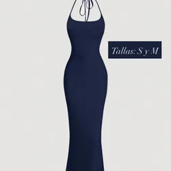 Vestido azul amarrado al cuello con corte sirena