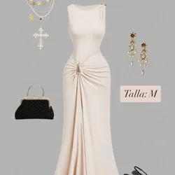 Vestido beich con detalle dorado