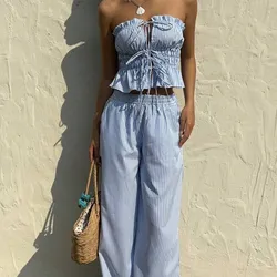 Conjunto azul de rayas largo con lazos