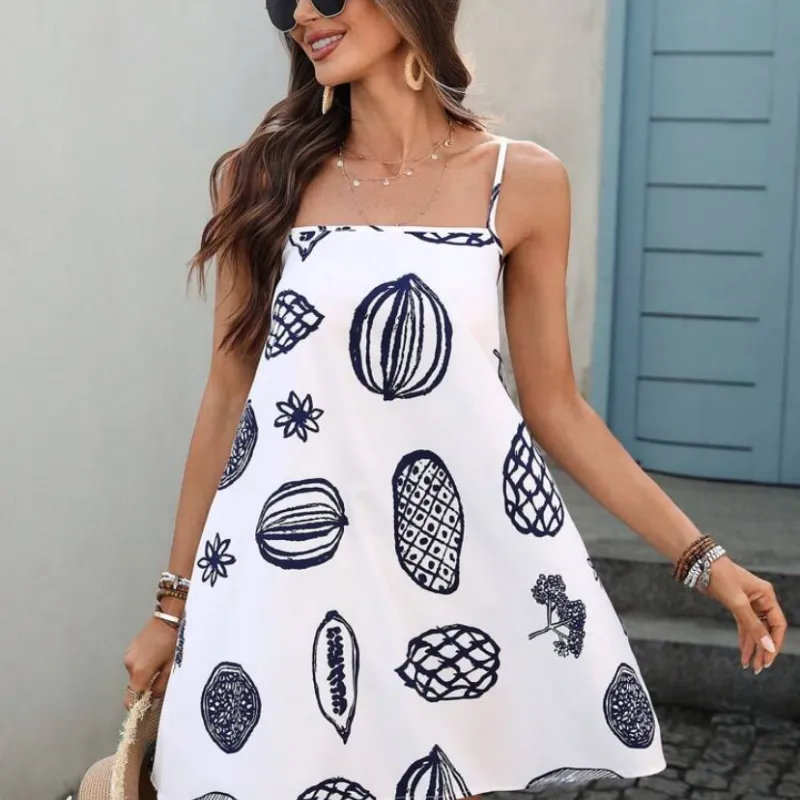 Vestido blanco corto estampado de frutas