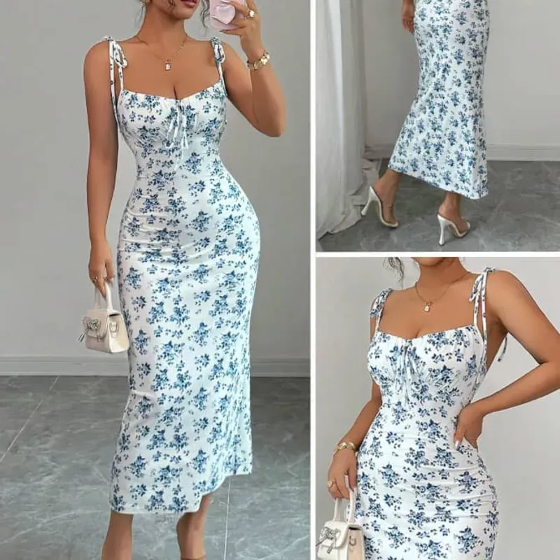 Vestido largo estampado de tirantes azul