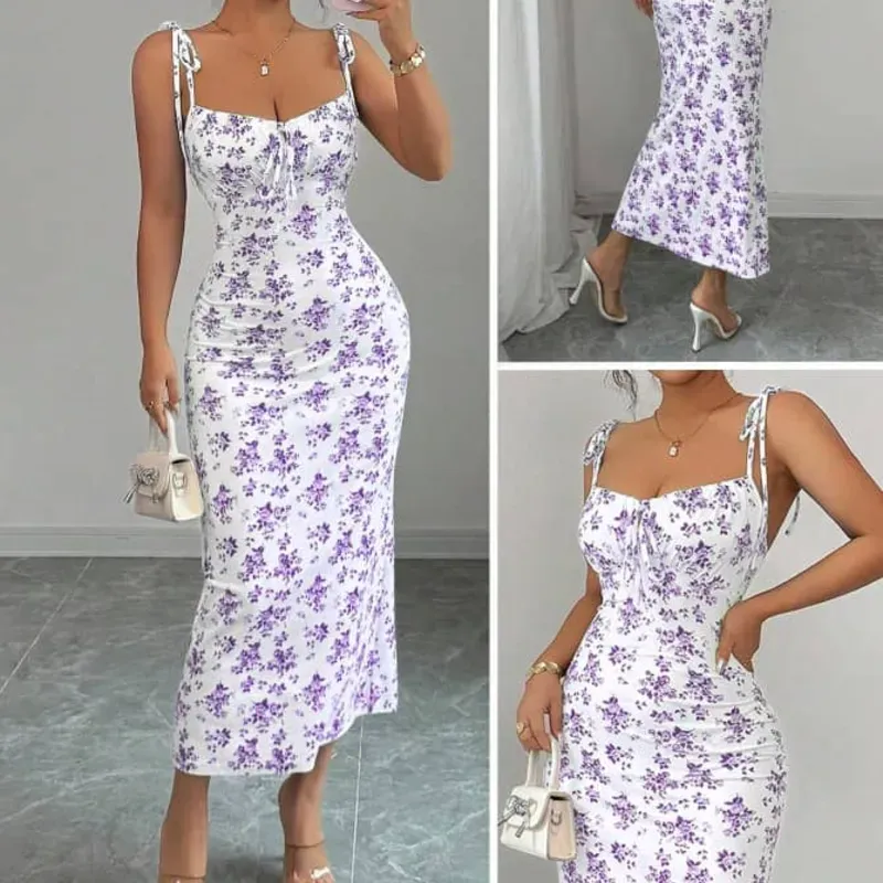 Vestido largo estampado de tirantes morado