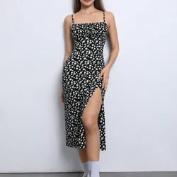 Vestido negro estampado blanco con abertura