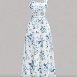 Vestido blanco ,estampado de rosas azules