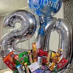 Caja cuadrada , globo 🎈 burbuja 🫧, globos de números y confituras