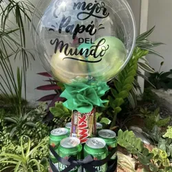 Caja redonda con cerveza 🍻, globo 🎈 burbuja y chocolate