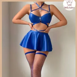 Set azul PU, con medias de malla