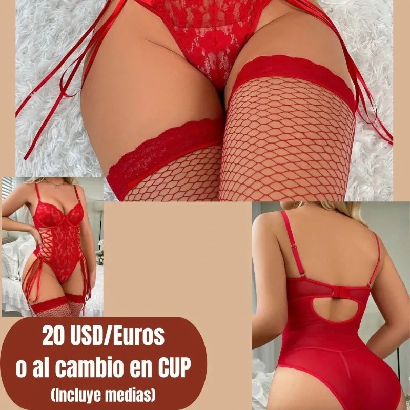 Set de lencería con medias rojo