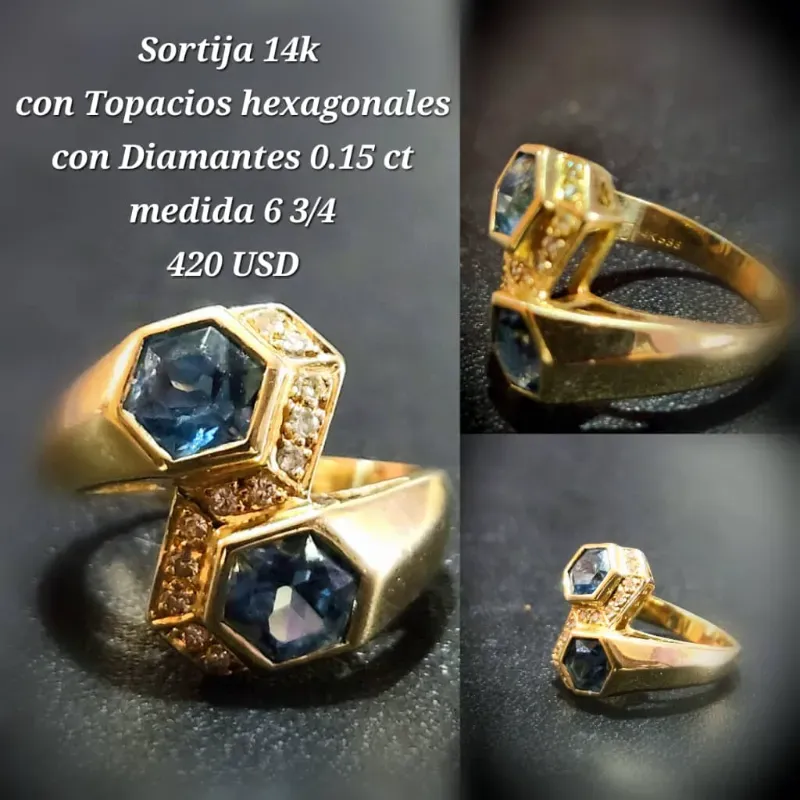 Sortija 14k con Topacios Hexagonales/Diamantes 0.15 ct