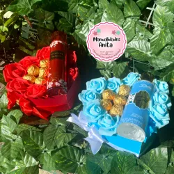 Corazón con rosas, colonia y bombones