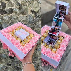 16 rosas eternas+ 12 Ferreros+ caja con 6 fotografías 