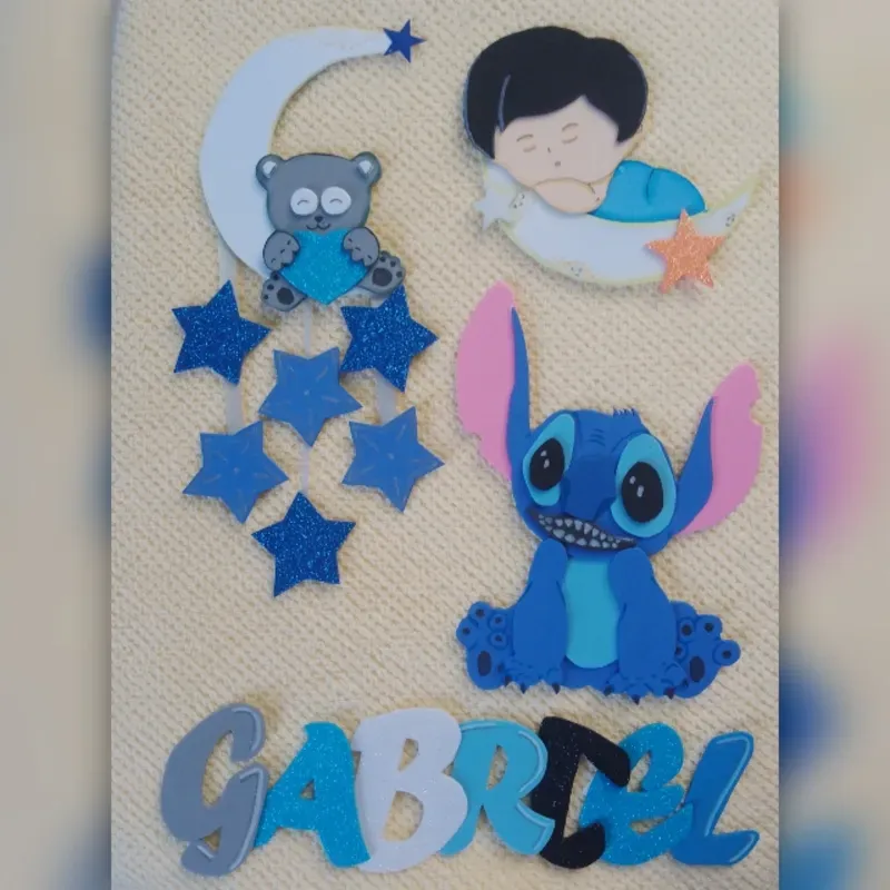 Letras 6cm + bebé dormido en luna+ Stitch+ Colgante de osito en la Luna