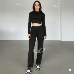 Conjunto de pantaloneta y top corto mangas largas color negro