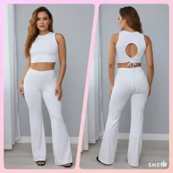 Conjunto de pantaloneta y top de esplada abierta color blanco