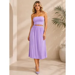 Conjunto de saya suelta y top strapless color Lila
