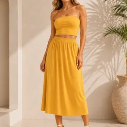 Conjunto de saya suelta y top tipo strapless color Amarillo