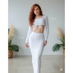Conjunto de saya tubular larga y top manga larga color blanco