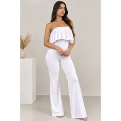 Mono enterizo elegante de vuelos estilo strapless color blanco