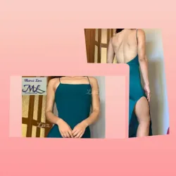 Vestido de espalda afuera y abertura en una pierna color verde agua oscuro