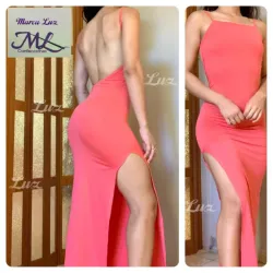 Vestido Largo Con Abertura En Ambas Piernas Color Coral