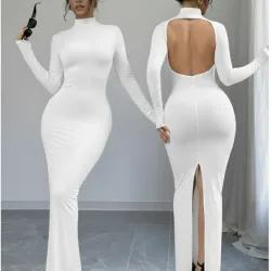 Vestido largo con abertura en la espalda y abertura trasera en las piernas color blanco