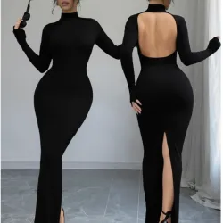 Vestido largo con abertura en la espalda y abertura trasera en las piernas color negro