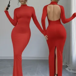 Vestido largo con abertura en la espalda y abertura trasera en las piernas color rojo tomate