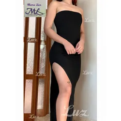 Vestido Largo Con Abertura En La Pierna Estilo Strapless Colos Negro