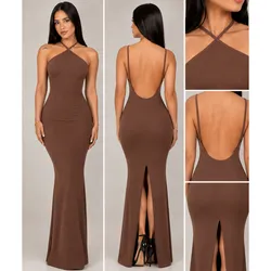 Vestido largo de tirantes triangular de espalda abierta y abertura trasera en las piernas color carmelita