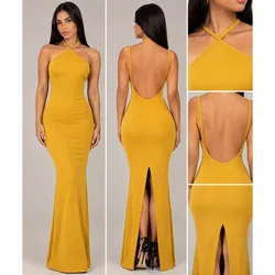 Vestido largo de tirantes triangular de espalda abierta y abertura trasera en las piernas color amarillo 