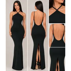 Vestido largo de tirantes triangular de espalda abierta y abertura trasera en las piernas color negro